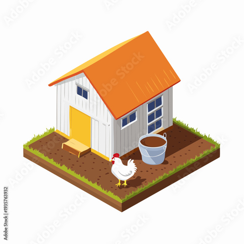 Isometric illustration of a charming rural farm chicken coop with a happy hen and a bucket on fertile ground