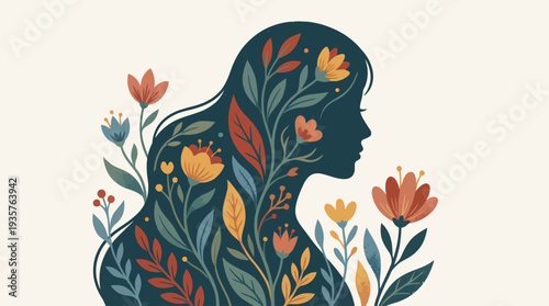 Woman silhouette with floral patterns and leaves.