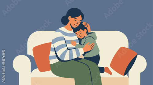 Mother comforting her crying child on the couch at home.