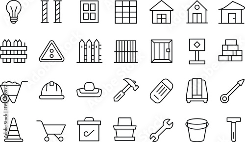 Construction and building outline icons set, architecture and repair tools line vector collection isolated on light background