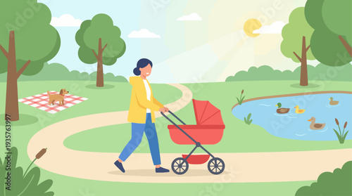 Mother walking baby stroller in a serene park with a pond and ducks.