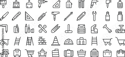 Construction tools and equipment outline icons set, building repair instruments and work gear line vector collection isolated on light background