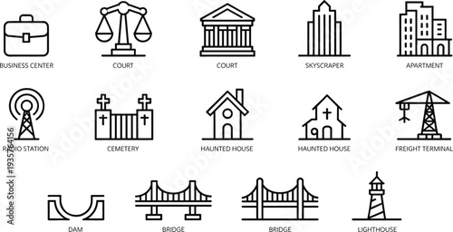 Black and white line of various buildings and structures including business center, court, skyscraper, apartment, radio station, cemetery, haunted house, freight terminal, dam, bridge, and
