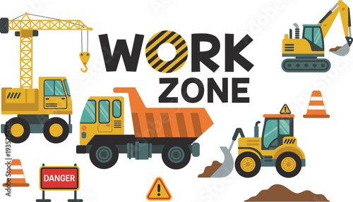 Construction work zone cartoon vector set with crane, excavator, dump truck and warning signs, roadwork machinery illustration for building industry concept