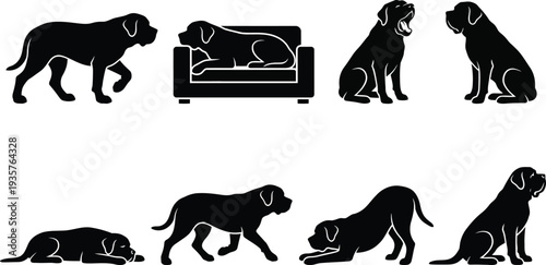 Vector illustration of a playful black dog in various poses and actions