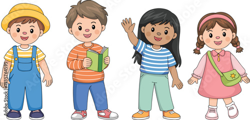 Cute diverse children characters set, happy cartoon boys and girls standing together, elementary school kids illustration isolated on white background vector