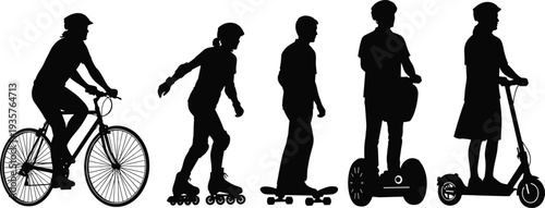 Black silhouettes of people using urban transportation including bicycle rollerblades skateboard self balancing scooter and electric kick scooter