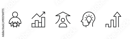 Success and growth web icons inline style. Handshake, growth profit, innovation, increase sale, coaching, progress, strategy, achievement, collection. Vector illustration.