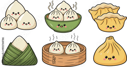 Cute kawaii dim sum dumplings bao bun gyoza and zongzi cartoon Asian food characters collection vector illustration set