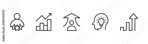 Success and growth web icons inline style. Handshake, growth profit, innovation, increase sale, coaching, progress, strategy, achievement, collection. Vector illustration.