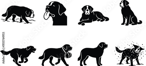 Collection of playful black silhouette illustrations of dogs in various poses and expressions