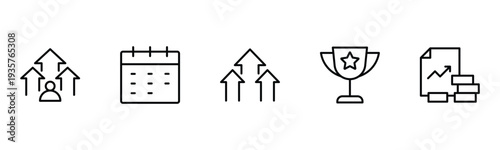Success and growth web icons inline style. Handshake, growth profit, innovation, increase sale, coaching, progress, strategy, achievement, collection. Vector illustration.