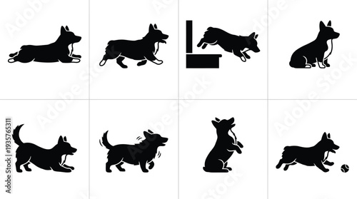 Collection of playful corgi dog silhouette illustrations in various poses and activities