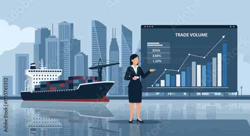 Businesswoman presenting trade volume data near cargo ship.