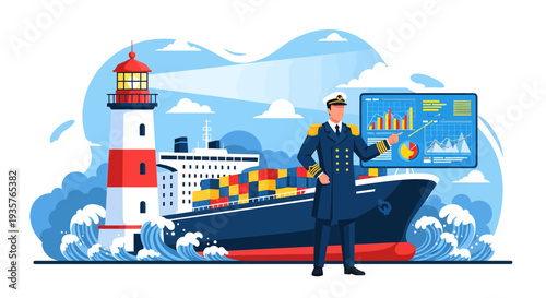Captain overseeing cargo ship operations with digital analytics.