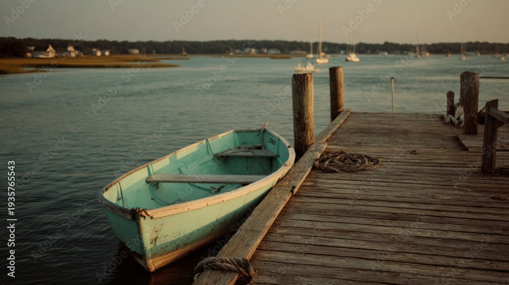 Fototapeta Vintage Wooden Dock with Weathered Rowboat Beside Calm Waters at Sunset
