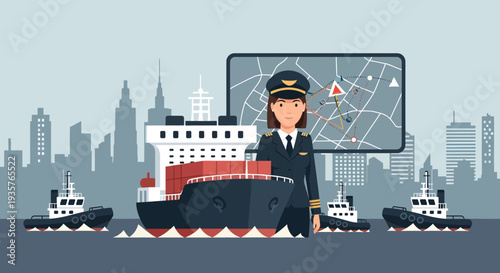 Female Ship Captain Overseeing Maritime Operations with Tugboats.