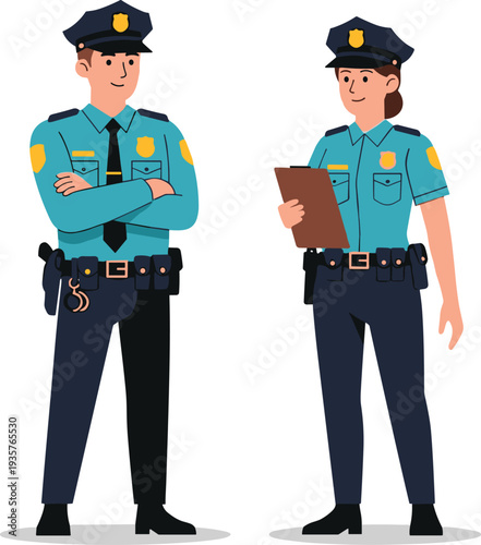 Male and female police officers standing in uniform vector illustration