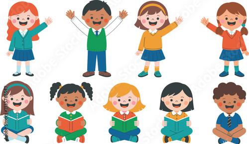 Cute school children cartoon characters set, happy kids waving and reading books, diverse students illustration for education, classroom learning, and back to school