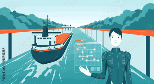 Futuristic Woman Interacting with Digital Interface for Ship Navigation.