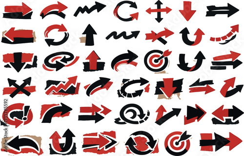 Hand drawn red and black arrow set on torn paper pieces, doodle sketch direction pointers and graphic design symbols collection