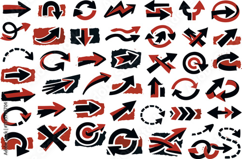 Hand drawn red and black arrow set on torn paper pieces, doodle sketch direction pointers and graphic design symbols collection