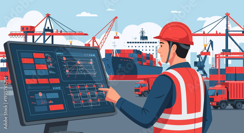 Man in hard hat and vest using computer screen.