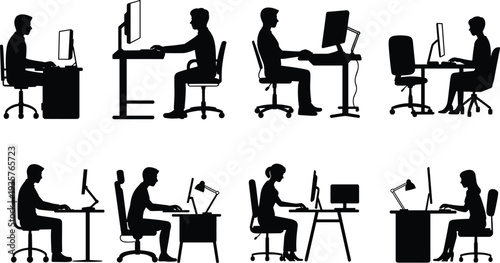 Office employees working on desktop computers, business people at workplace desks, corporate office productivity, professional staff teamwork silhouette set