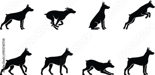 Silhouette vector illustrations of a dog in various dynamic poses and movements