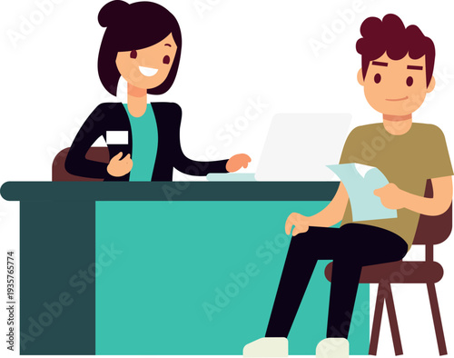 Bank manager and client meeting. Cartoon service icon