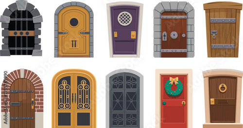 Decorative wooden and metal door collection, arched and rectangular entrance designs with wreaths and iron grilles, vintage and modern doorway vectors