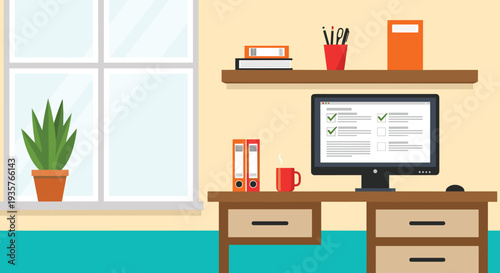 Home office workspace with computer desk shelves and window interior vector illustration