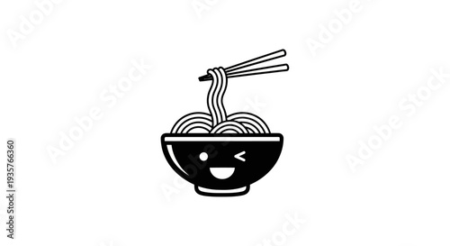 Cute Cartoon Noodle Bowl with Chopsticks Icon - Asian Food Illustration