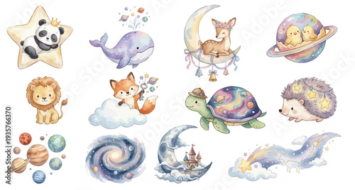 Pastel watercolor cosmic baby animals clipart. Panda, fox, deer, whale, planets, galaxy. Collection of Vector illustrations. Perfect for invitation, card, poster, banner, decoration