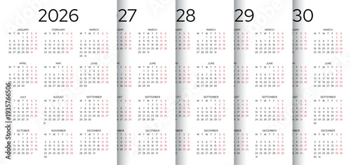 Calendar for 2026, 2027, 2028, 2029, 2030 years. Calender template. Week starts Monday. Planner with 12 month in English. Portrait orientation. Simple organizer. Scheduler layout. Vector illustration