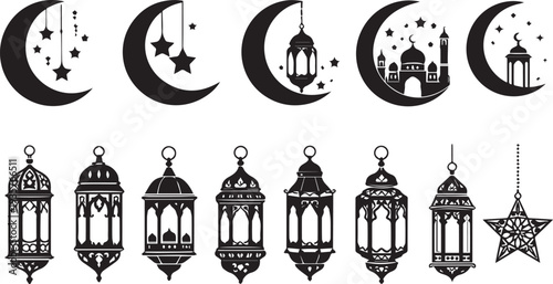 A collection of black silhouette icons depicts moons, stars, and traditional lanterns, perfect for Ramadan and Eid.
