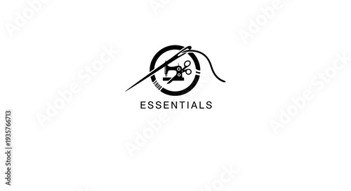 Essentials Sewing Logo with Needle, Thread, Machine, and Scissors Icon