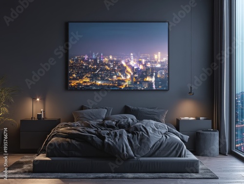 Modern bedroom with dark walls and floor. Cityscape photo hangs above the bed. Bed has grey comforter and matching frame. Night lights glow softly on either side. Large window shows urban skyline