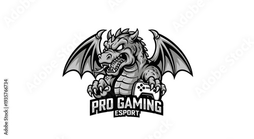 Fierce dragon gamer mascot logo holding controller for pro gaming esport team emblem