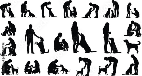 Large collection of black silhouettes featuring people playing training and interacting with various dog breeds on white background