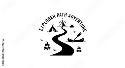 Explorer Path Adventure Logo with Camping Tent Canoe and Compass Rose Illustration