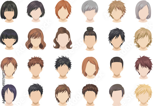 Diverse modern hairstyles collection, male and female haircut vectors, short and long hair styles, layered, bob, pixie, shag, and textured hair illustrations