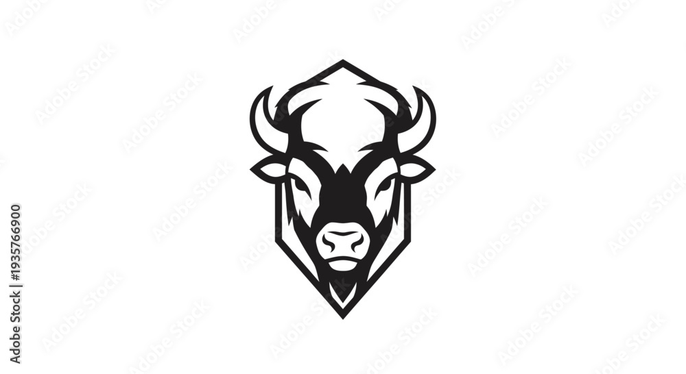 Fototapeta premium Geometric Bison Head Logo Design. Monochrome Buffalo Mascot Emblem Vector Graphic