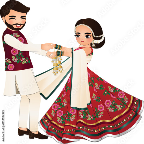  Wedding invitation card the bride and groom cute couple in traditional indian dress cartoon character
