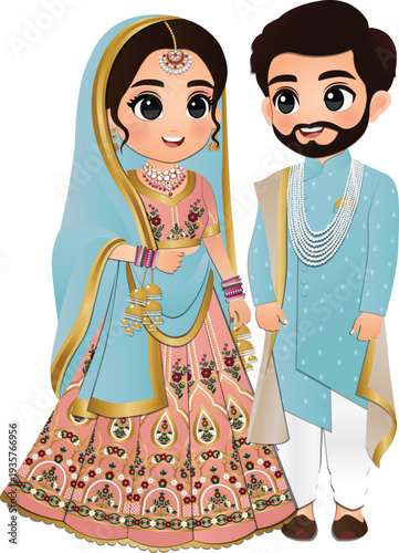  Wedding invitation card the bride and groom cute couple in traditional indian dress cartoon character