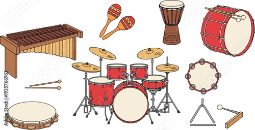 Percussion musical instruments set including drums maracas tambourine and xylophone