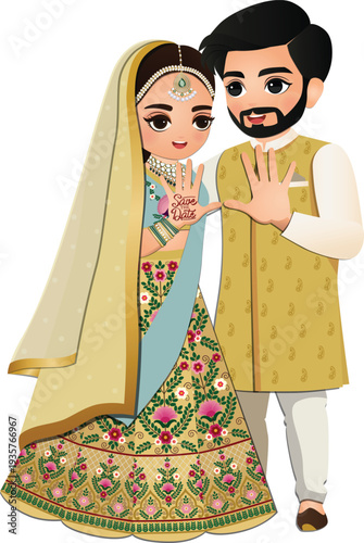  Wedding invitation card the bride and groom cute couple in traditional indian dress cartoon character