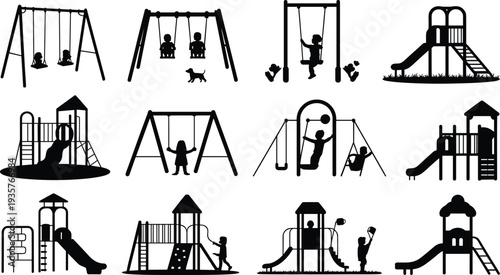 Silhouettes of children playing on various playground equipment including swings, slides, and climbing structures