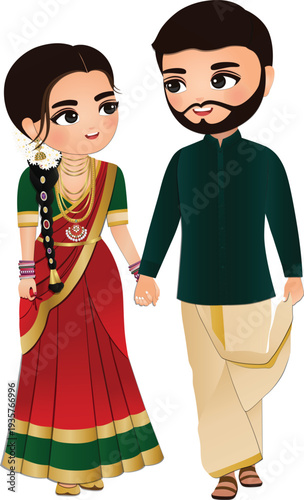  Wedding invitation card the bride and groom cute couple in traditional indian dress cartoon character
