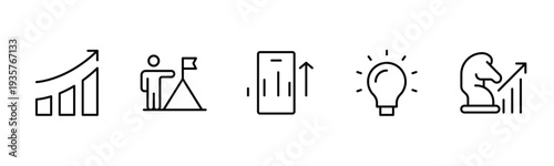 Success and growth web icons inline style. Handshake, growth profit, innovation, increase sale, coaching, progress, strategy, achievement, collection. Vector illustration.